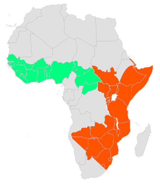 Mapa de distribución geográfica de la mamba negra en África subsahariana