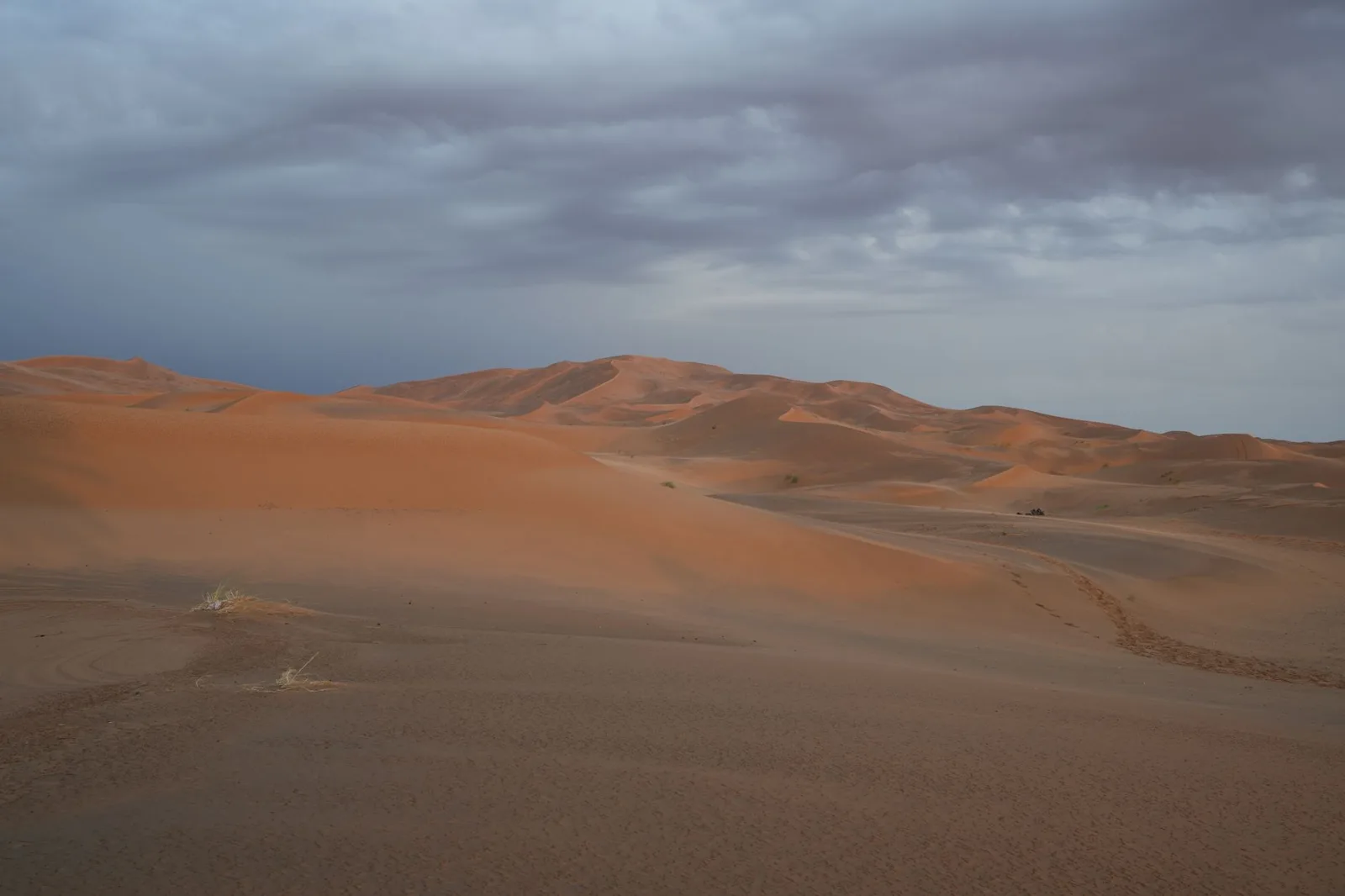 Dunas del Erg Chebbi bajo un cielo nublado en Merzouga