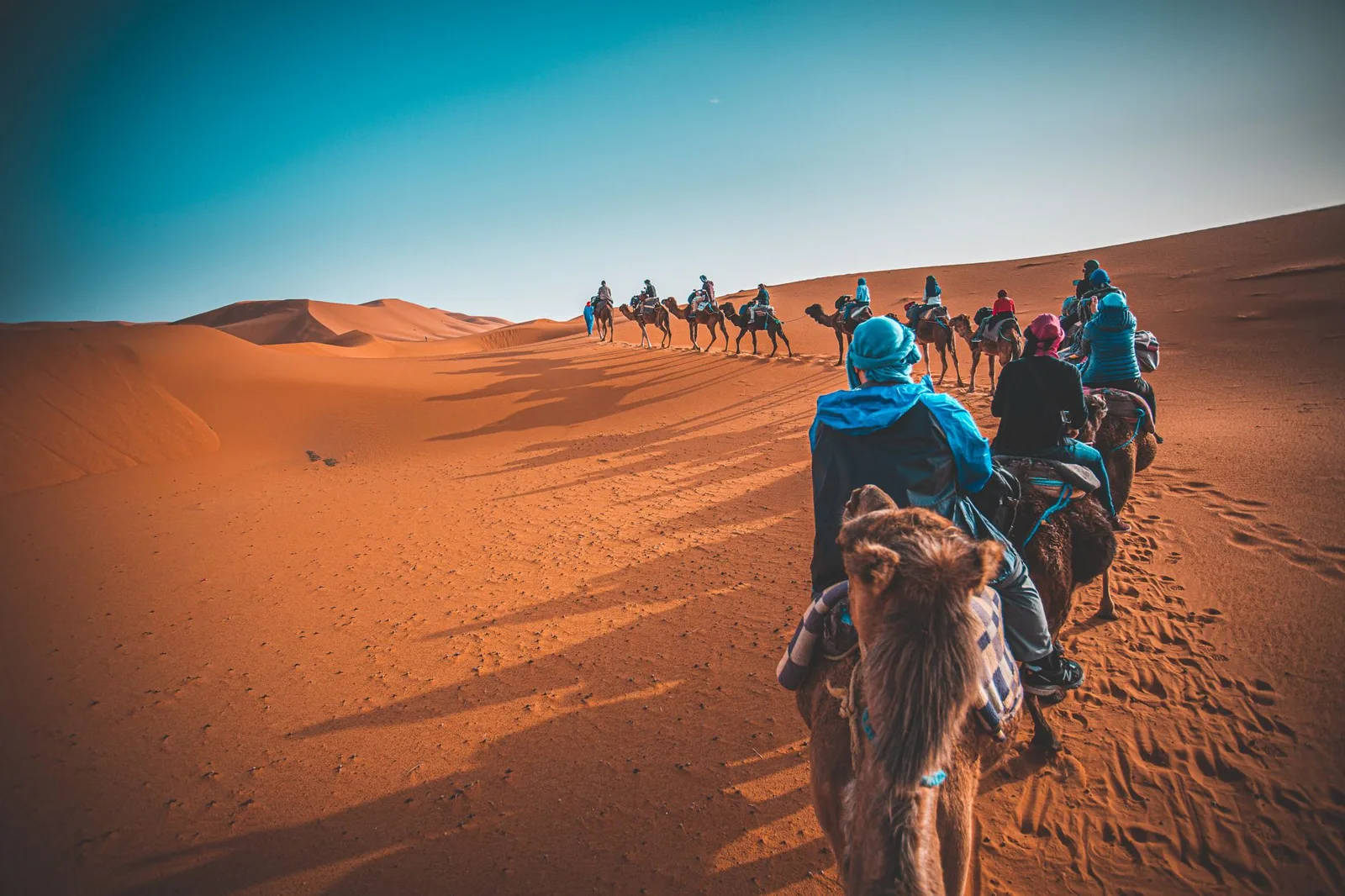 Visitantes a lomos de dromedario en fila por las dunas de Merzouga